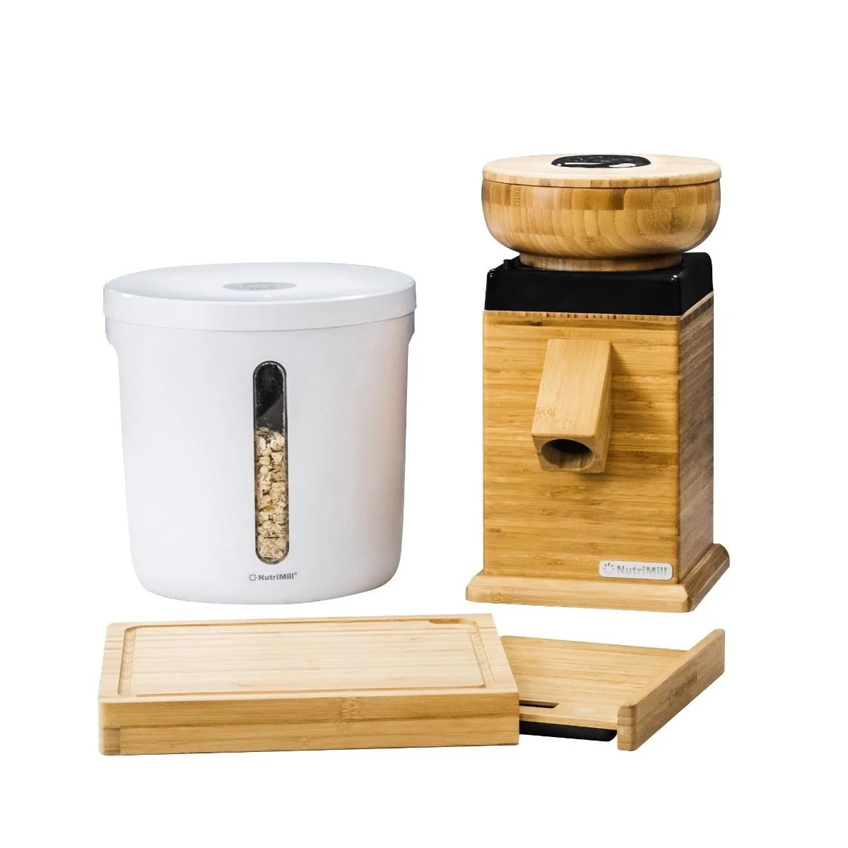 NutriMill Harvest Grain Mill | Black + Cutting Board & Canister Bundle 1 NutriMill Harvest Grain Mill | Black + Cutting Board & Canister Bundle